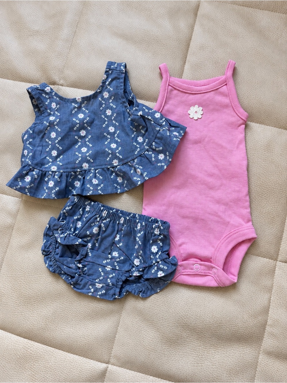 Carter's Pink Daisy Bodysuit with Blue Floral Ruffle Top & Bloomers